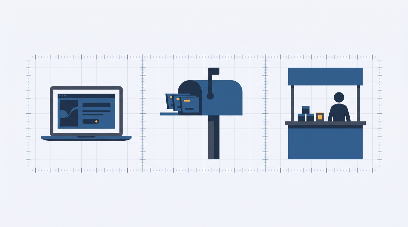 Sources of free food samples: a brand website, a mailbox, and in-store sampling