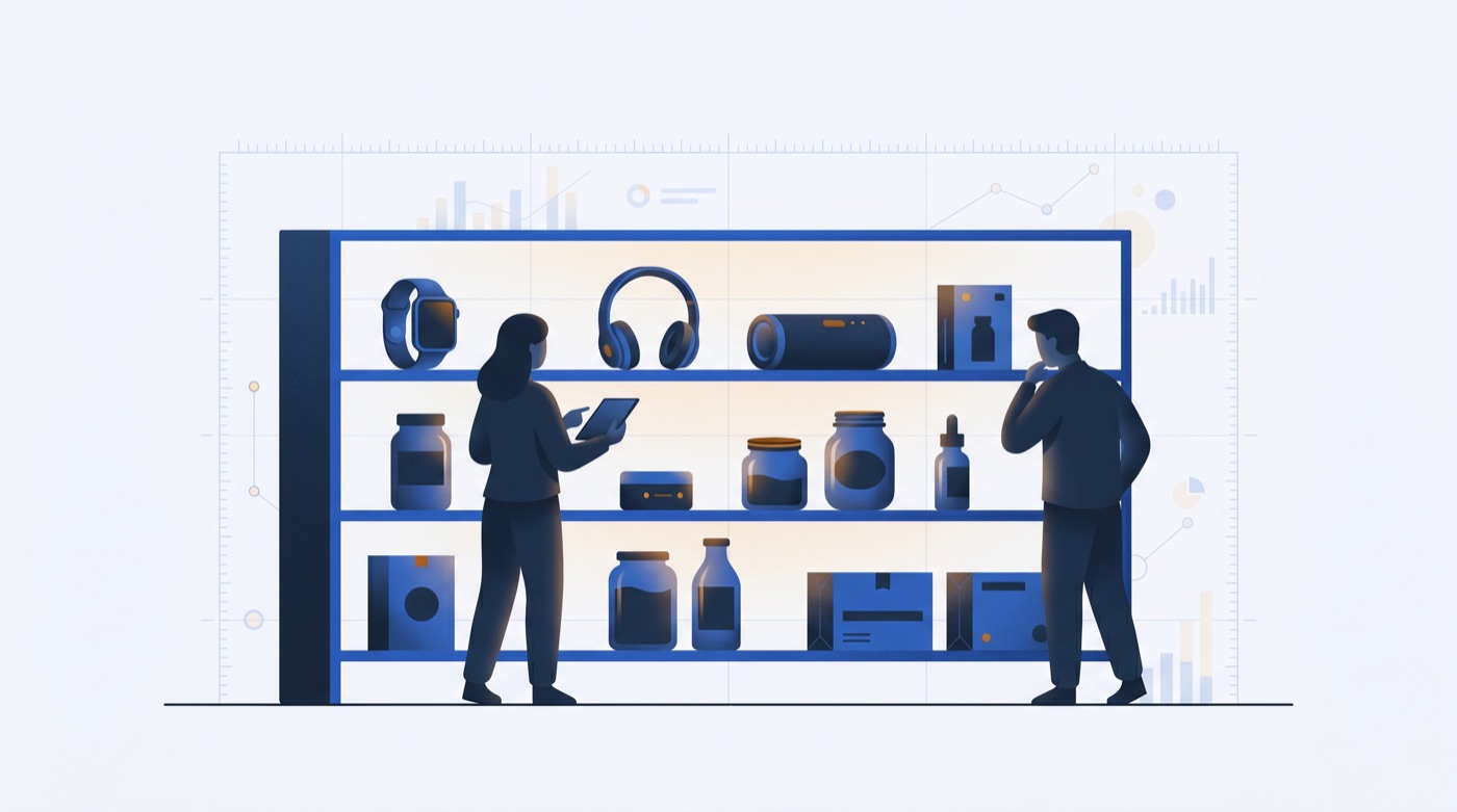 A shelf of full-size products kept from product testing