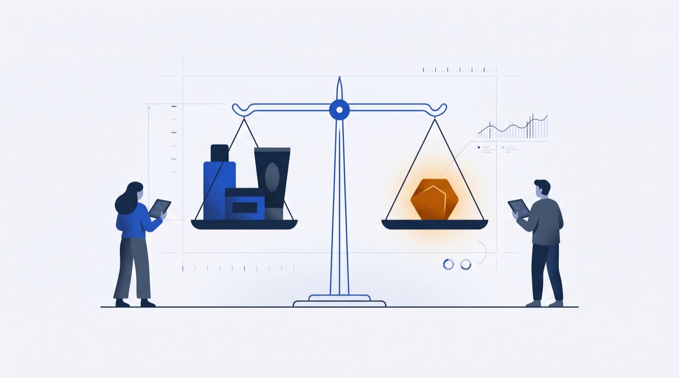 A balance scale weighing the value of products kept from testing